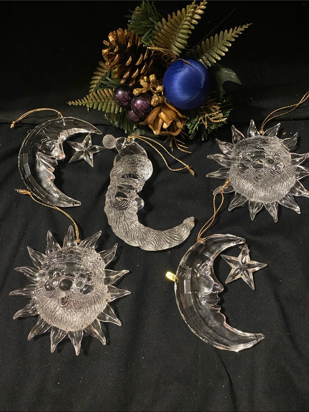 Lot of Vintage Celestial Sun & Moon Acrylic Christmas Ornaments Santa Clause